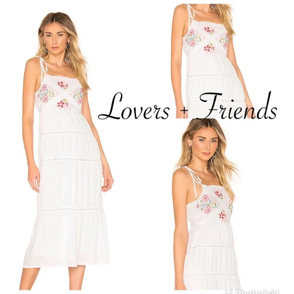 Lovers + Friends Tally Midi Embroidered Dress NWT